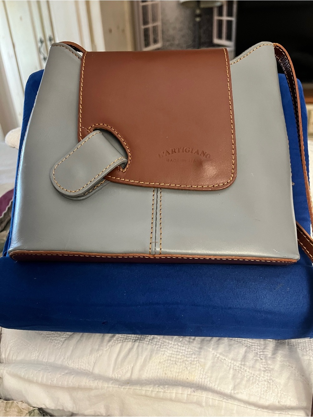 Two-Tone Light Blue and Brown Leather Crossbody